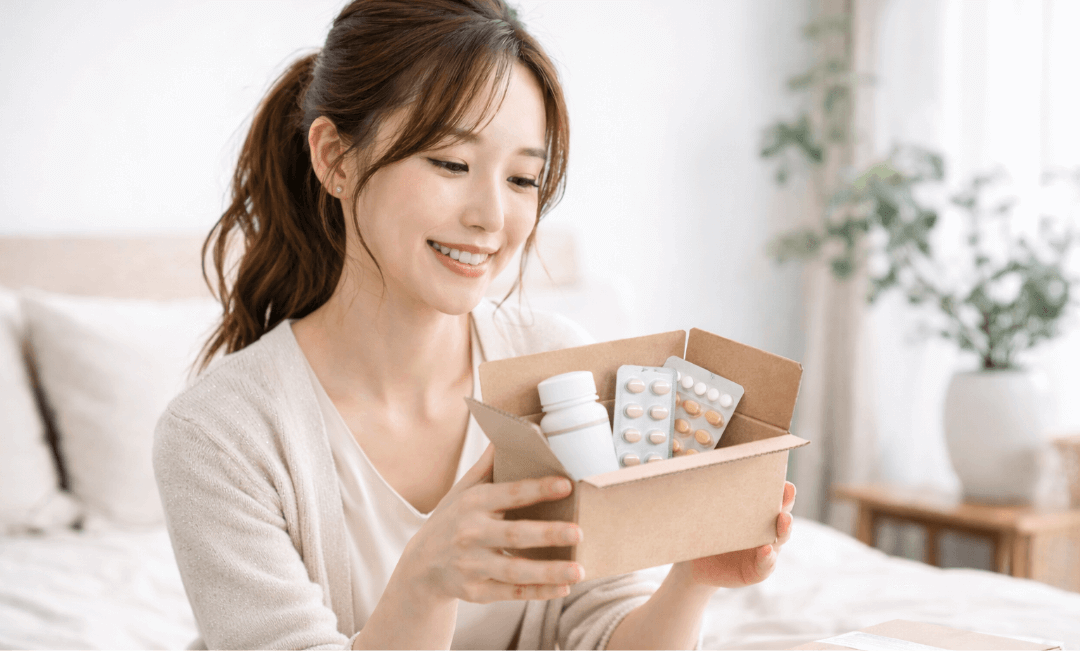 オンライン診療後にシミや肝斑のケア用のお薬が自宅に届くイメージ