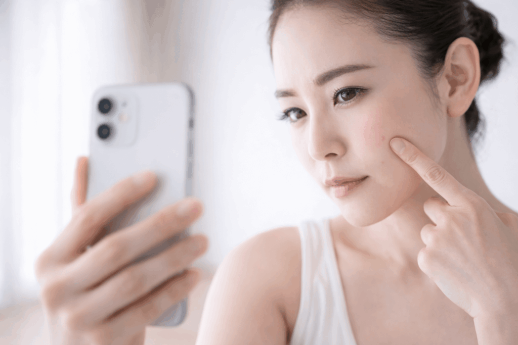 自宅でスマートフォンを使いシミや肝斑についてオンライン診療を受けている女性